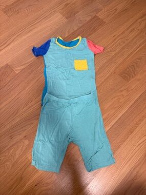 Kyte BABY Teal Pajama Set with Yellow Pocket and Blue & Coral Sleeves